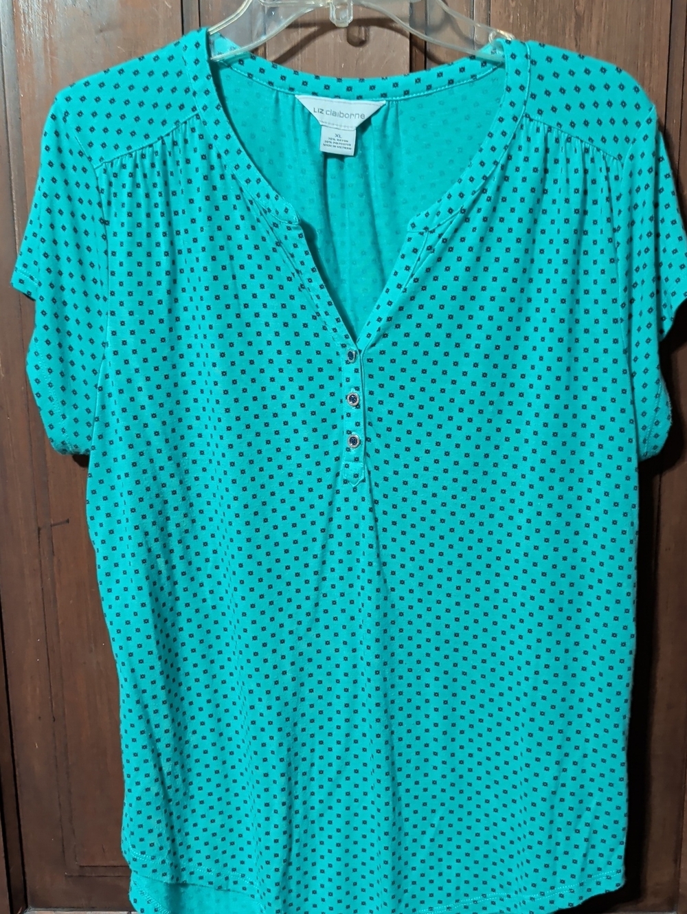 Liz Claiborne Teal Dot Short-Sleeve Henley Blouse